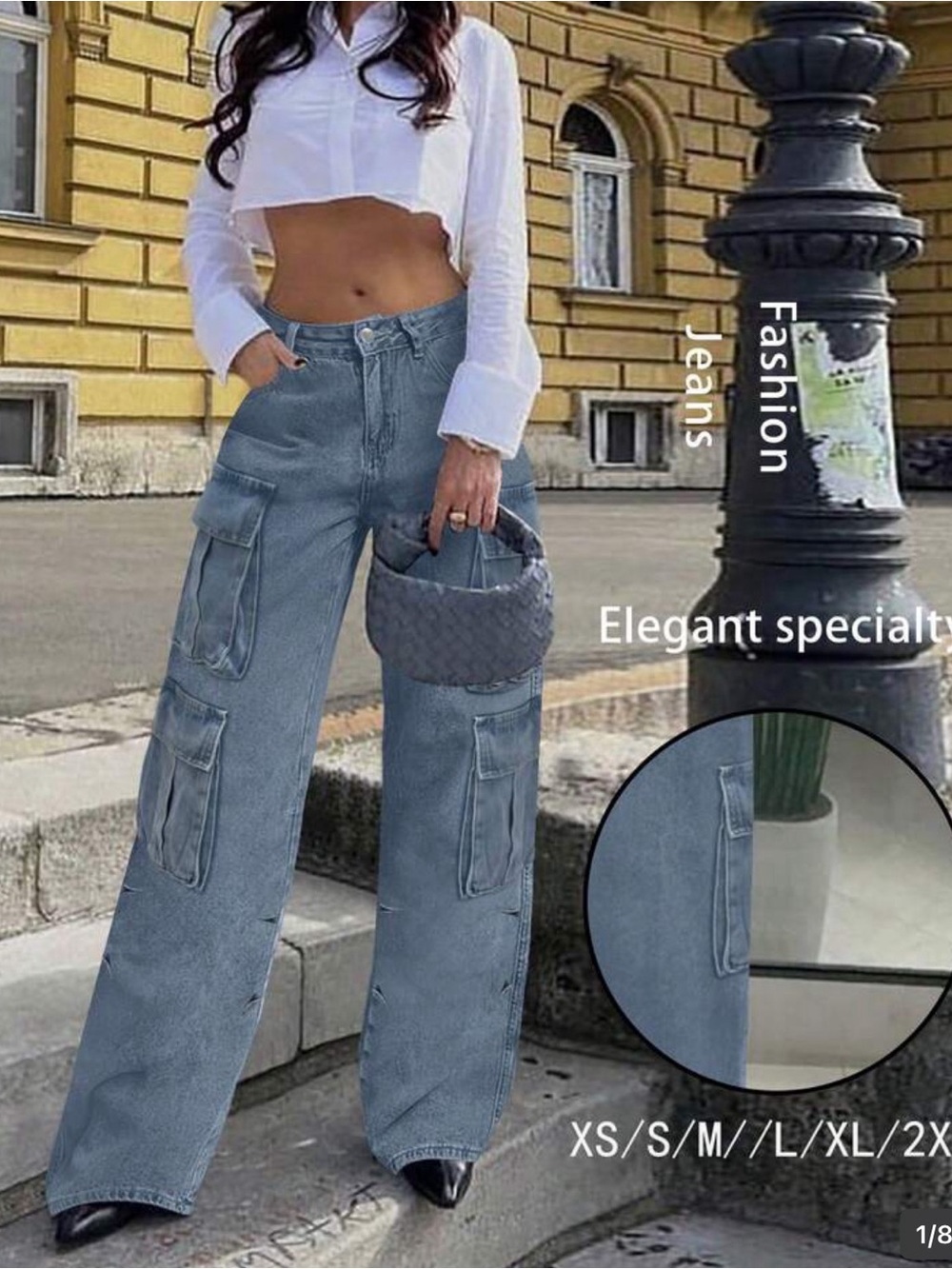 High-Waist Wide Leg Cargo Jeans - Blue